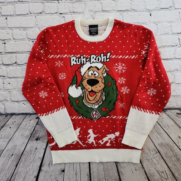 Scooby-Doo Sweaters - Scooby-Doo Christmas Sweater Red White Ruh-Roh Holiday Graphic Pullover Small
